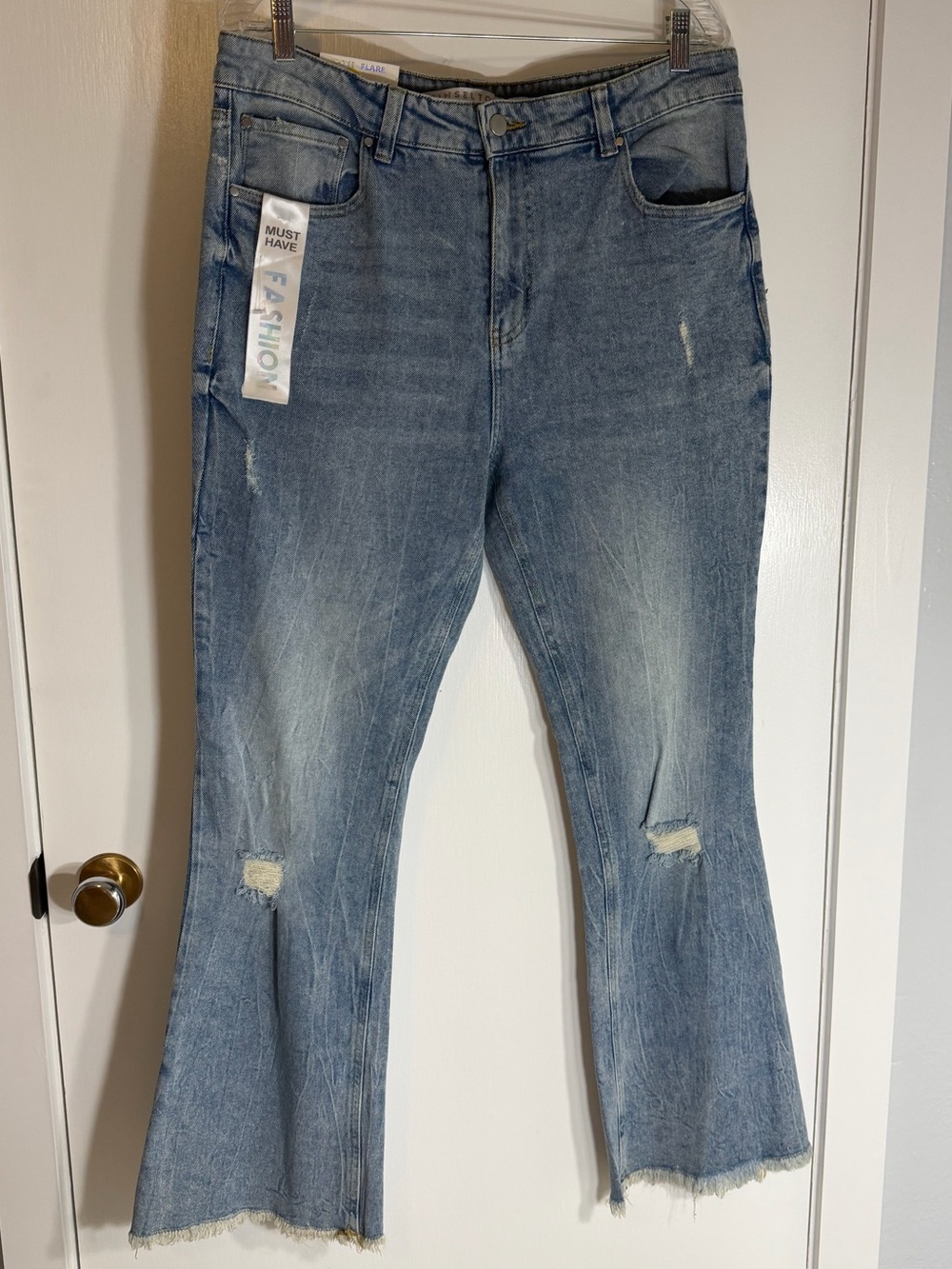 TINSELTOWN Women’s Light Blue Distressed Flare High Rise Jeans